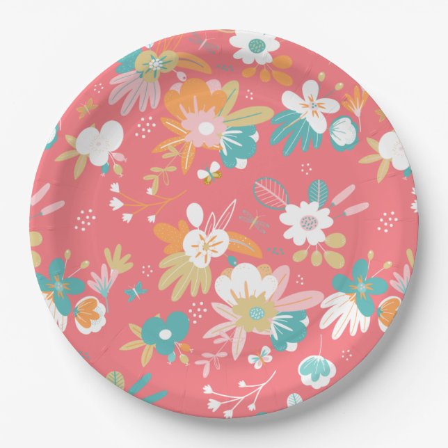 Moderne, bunte Blumen Pappteller (Vorderseite)
