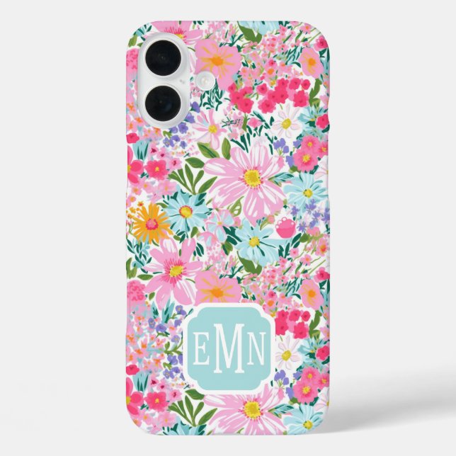 Moderne Bunte Blumengarten-Monogramm iPhone 16 Plus Hülle (Rückseite)