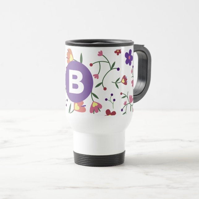 Moderne, bunte, florale, violette Monogramme Reisebecher (VorderseiteRechts)
