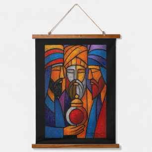 Moderne Buntglas-Drei Weisen auf Englisch Wandteppich Mit Holzrahmen