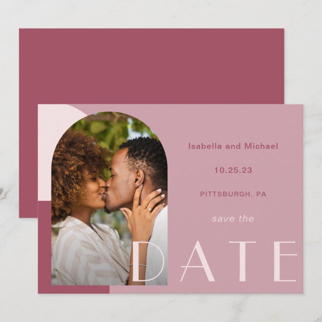 Moderne Burgund Arch Foto Hochzeit Save The Date (Vorne/Hinten)
