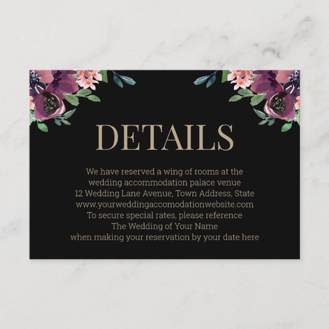 Moderne Burgund Bloral Black Gold Hochzeiten Detai Begleitkarte (Vorderseite)