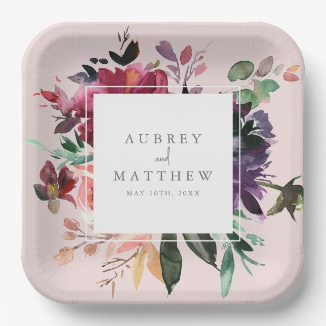 Moderne Burgund Blues Blush Pink Wedding Pappteller (Vorderseite)
