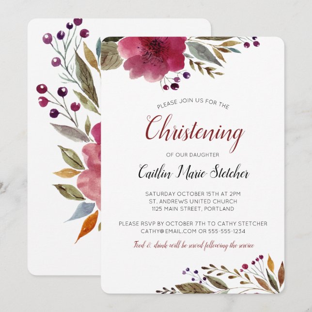 Moderne Burgund-Blume Taufe Christening Einladung (Vorne/Hinten)