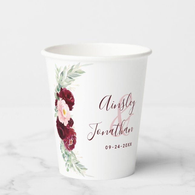 Moderne Burgund Blush Blumengrün Hochzeit Pappbecher (Vorderseite)