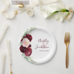 Moderne Burgund Blush Blumengrün Hochzeit Pappteller