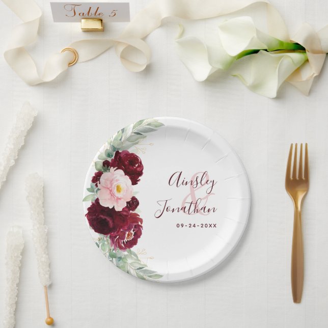Moderne Burgund Blush Blumengrün Hochzeit Pappteller (Hochzeit)
