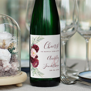 Moderne Burgund Blush Blumengrün Hochzeit Weinetikett