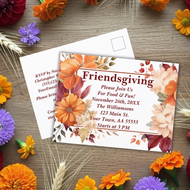 Moderne Burgund Floral Friendsgiving Einladung (Von Creator hochgeladen)