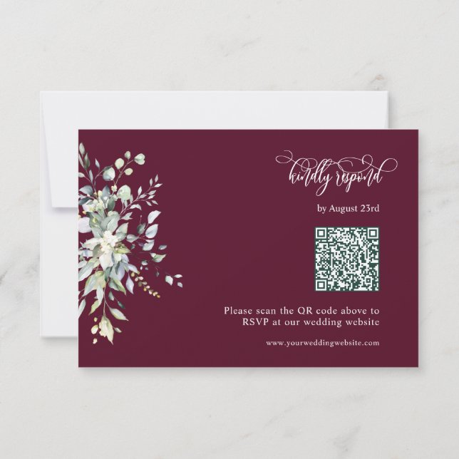 Moderne Burgund-Grüne Blätter QR Code Response Car RSVP Karte (Rückseite)