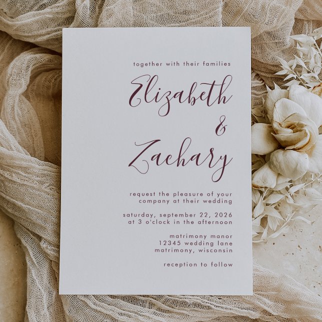 Moderne Burgund-Kalligrafie-Hochzeit Einladung (Von Creator hochgeladen)