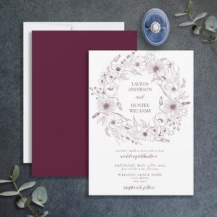 Moderne Burgund Line Art Floral Wedding Einladung