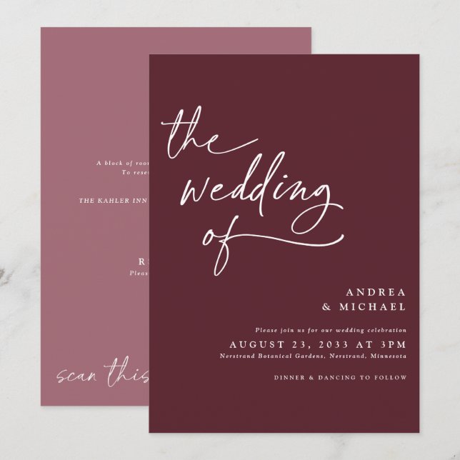 Moderne Burgund/Merlot Handwriting Wedding Einladung (Vorne/Hinten)
