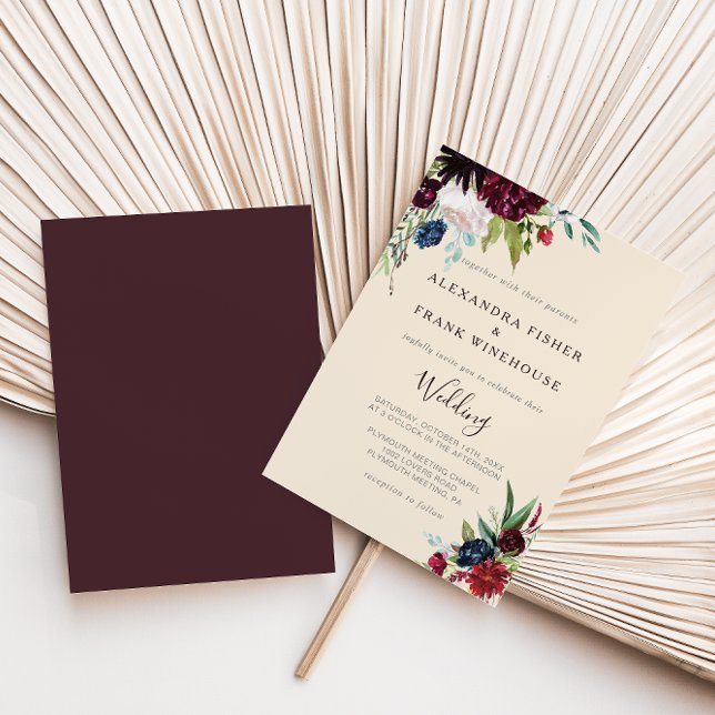 Moderne Burgund Navy Blush Floral Wedding Invitati Einladung (Von Creator hochgeladen)