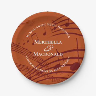 Moderne Burgund-Orange-Musiknoten Hochzeit Pappteller