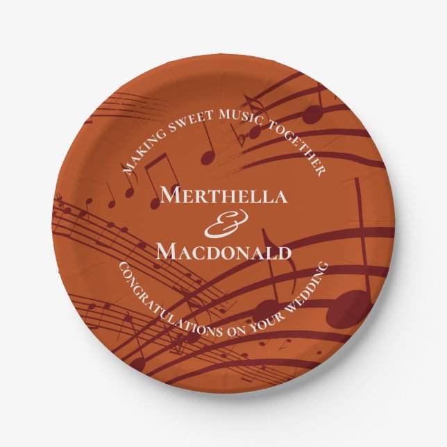Moderne Burgund-Orange-Musiknoten Hochzeit Pappteller (Vorderseite)