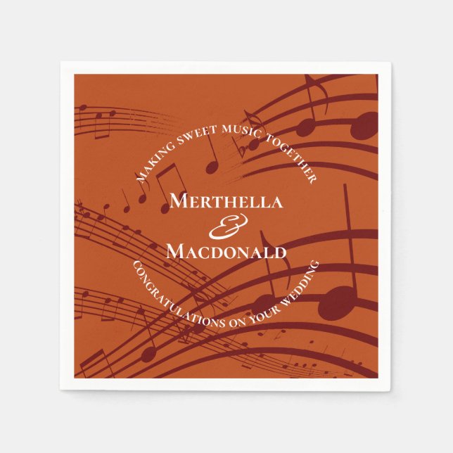 Moderne Burgund Orange Musiknoten Hochzeitspapier Serviette (Vorderseite)