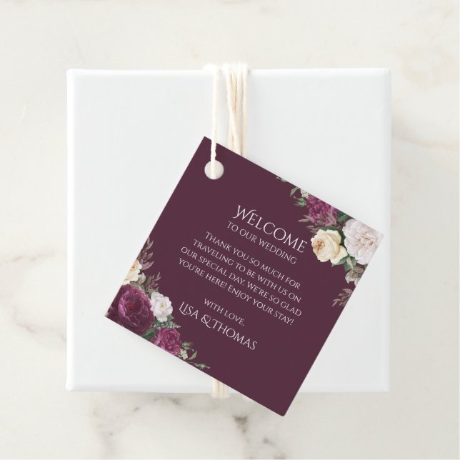 Moderne Burgund-Peonies-Hochzeit - Begrüßungsmarke Geschenkanhänger (Beispiel)