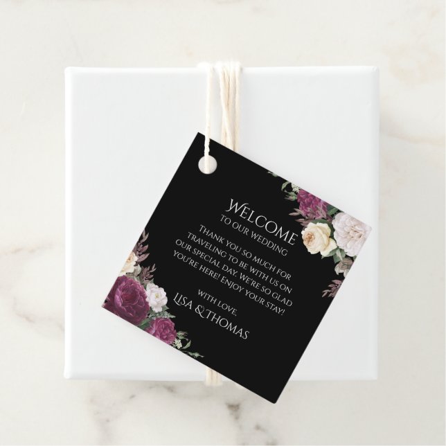 Moderne Burgund-Peonies-Hochzeit - Begrüßungsmarke Geschenkanhänger (Beispiel)