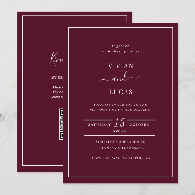 Moderne Burgund QR Code Minimal Hochzeit Einladung (Vorne/Hinten)