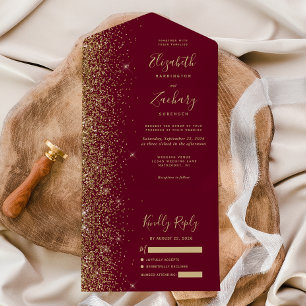 Moderne Burgund Red Gold Glitzer Hochzeit All In One Einladung