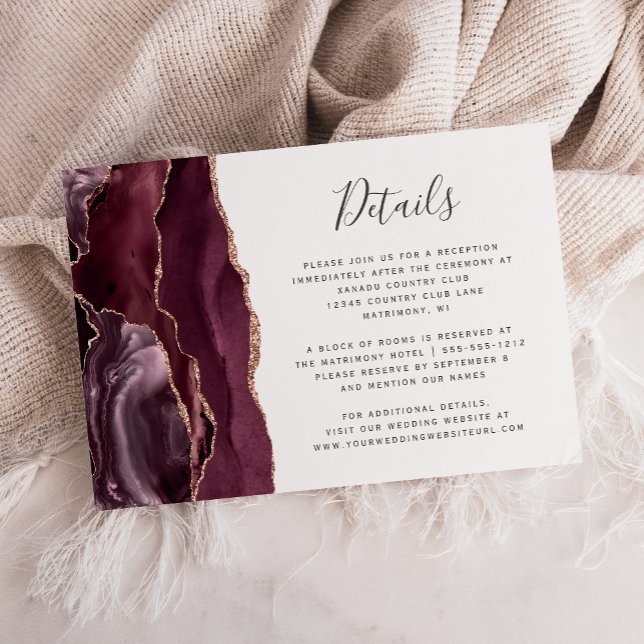 Moderne Burgund Rose Gold Agate Hochzeitdetails Begleitkarte (Von Creator hochgeladen)