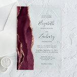 Moderne Burgund Rose Gold Agate Wedding Acryleinladungen<br><div class="desc">Die links Seite dieses eleganten,  modernen Hochzeitseinladens besticht durch eine bordeauxrote Aquarellgrenze,  die mit Imitaten Rose Gold Glitzer bestickt ist. Der anpassbare Text kombiniert handschriftlich,  kopperplate und kursiv Schriftart in Holzkohlegrau auf einem klaren Hintergrund.</div>