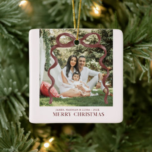 Moderne Burgund-Schleife Frohe Weihnachten Foto Keramikornament