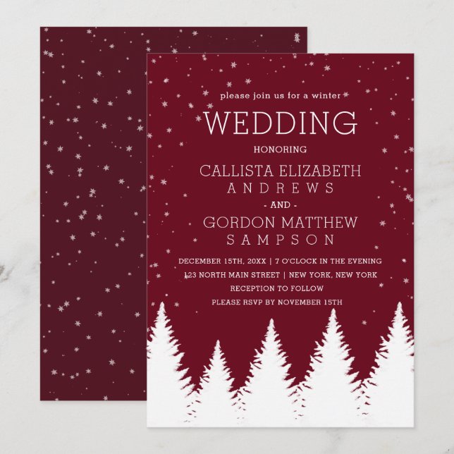 Moderne Burgund sinkende Winter-Bäume Hochzeit Einladung (Vorne/Hinten)