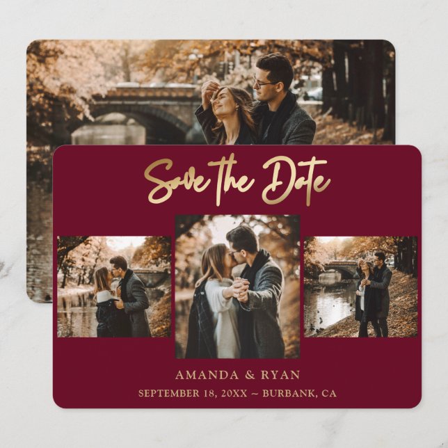 Moderne Burgund und Goldfoil-Hochzeit 4 Foto Save The Date (Vorne/Hinten)