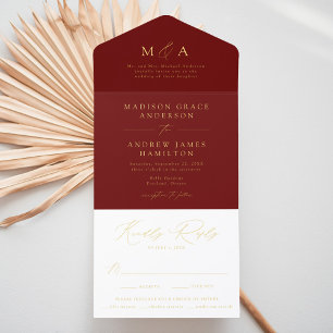 Moderne Burgund- und Goldfolie-Monogramm-Hochzeit All-in-One-Einladung