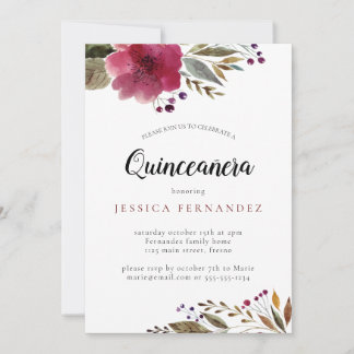Moderne Burgund Wasserfarben Blume Quinceañera Einladung