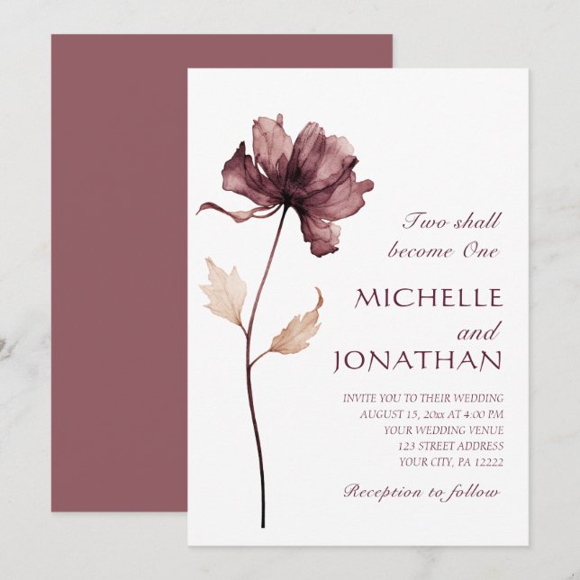 Moderne Burgund Wild Blume Christlich Hochzeit Einladung (Vorne/Hinten)