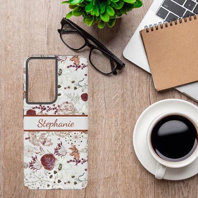 Moderne Burgund-Wildblumen | Elegant Boho Floral Samsung Galaxy Hülle (Von Creator hochgeladen)