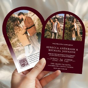 Moderne Burgundbogen-Foto-QR-Code-Hochzeit Einladung
