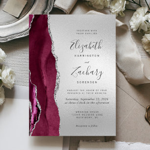 Moderne Burgunder-Achat-Silber-Hochzeit Einladung