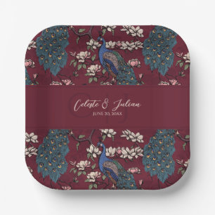 Moderne Burgunder-Blumen-Pfau-Hochzeit Pappteller