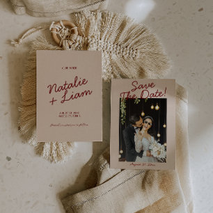 Moderne Burgunder Creme Whimsical Foto-Hochzeit  Save The Date
