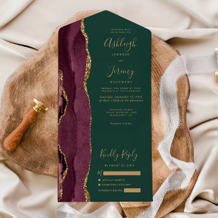 Moderne Burgunder-Gold-Achat-Grün-Hochzeit All In One Einladung