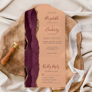 Moderne burgunder-gold-achat-pfirsich-hochzeit all in one einladung