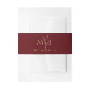 Moderne Burgunder-Goldblatt-Monogramm Einladungsbanderole