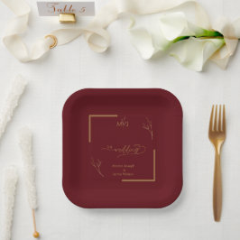 Moderne Burgunder-Goldblatt-Rahmen-Monogramm Pappteller