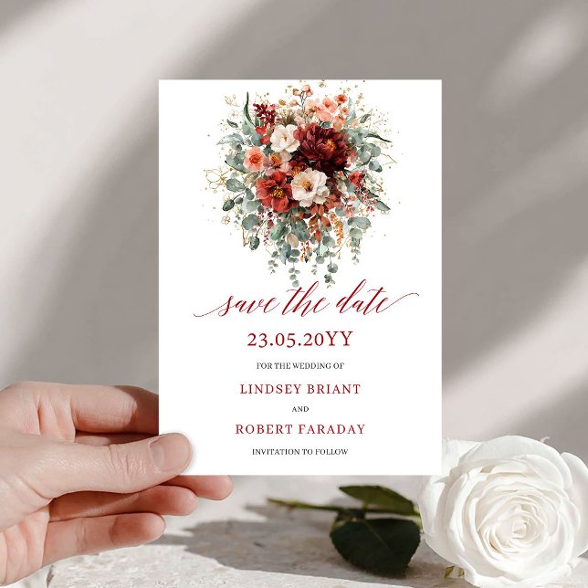 Moderne Burgunder Grünelemente Gold Save-the-Date Save The Date (Modern Burgundy Greenery Gold Save The Date

)