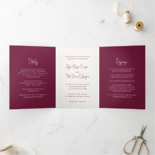 Moderne Burgunder Handschrift Elegante Hochzeit Dreifach Gefaltete Einladung