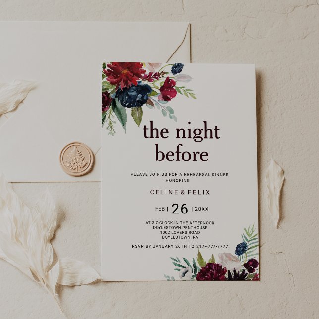 Moderne Burgunder Marine Blush Bloral The Night Be Einladung (Von Creator hochgeladen)