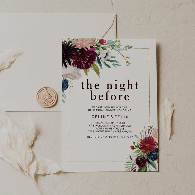 Moderne Burgunder Marine Blush Bloral The Night Be Einladung (Von Creator hochgeladen)