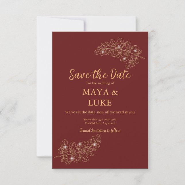 Moderne Burgunder mit Blattgold Save The Date (Vorderseite)