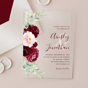 Moderne Burgunder-Rosé Florale Grün Hochzeit Acryleinladungen