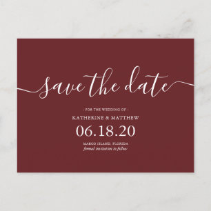 Moderne Burgunder Schrift Hochzeit Save the Date K Ankündigungspostkarte