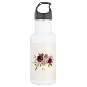 Moderne burgunderrosa florale Wasserfarbe-Monogram Edelstahlflasche